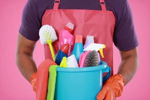 Carpet cleaning team preparing safe equipment and workspace